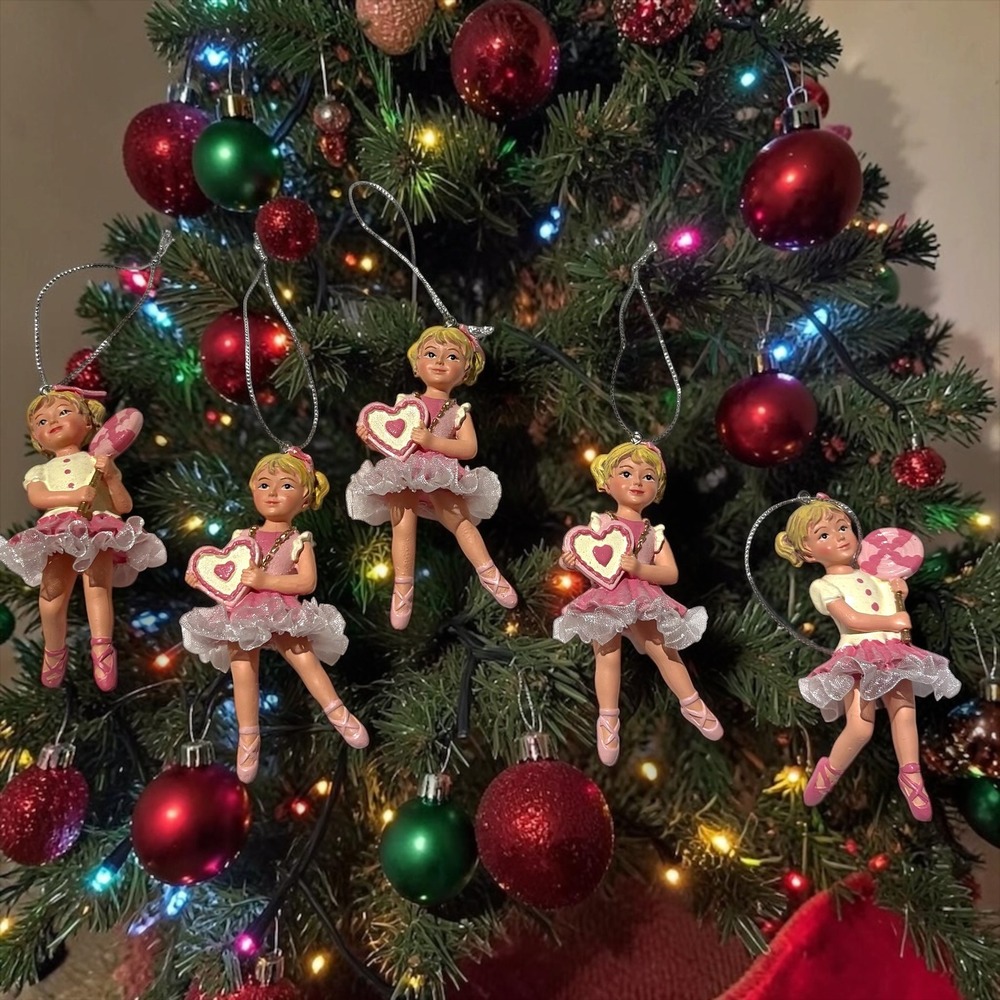 5 Piece Russian Pink Ballerina Girl Christmas Ornaments Heart Resin 4 Inch